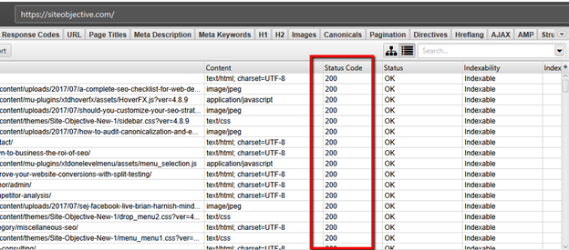 نحوه یافتن کدهای موفقیت 2xx HTTP از طریق رابط کاربری گرافیکی ScreamingFrog